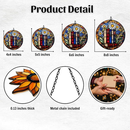 Floral Stack of Bookks Acrylic Suncatcher Stained Glass Effect Window Car Hanging Christmas Ornament Indoor Outdoor Decor Garden Sun Catcher Panel for Book Lover for Women Mom Grandma