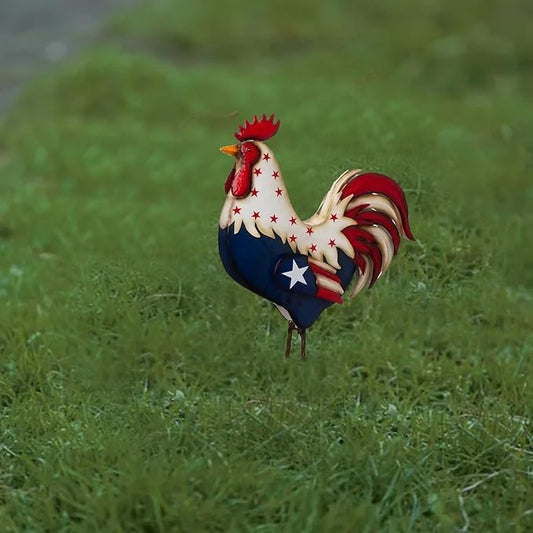 Metal Patriotic Rooster Statues, Garden Rooster Statues & Sculpture, 12 Inch Chicken Yard Art Decor, Figurines Artwork for Outdoor, Patio,Backyard and Home Kitchen Decoration (White)