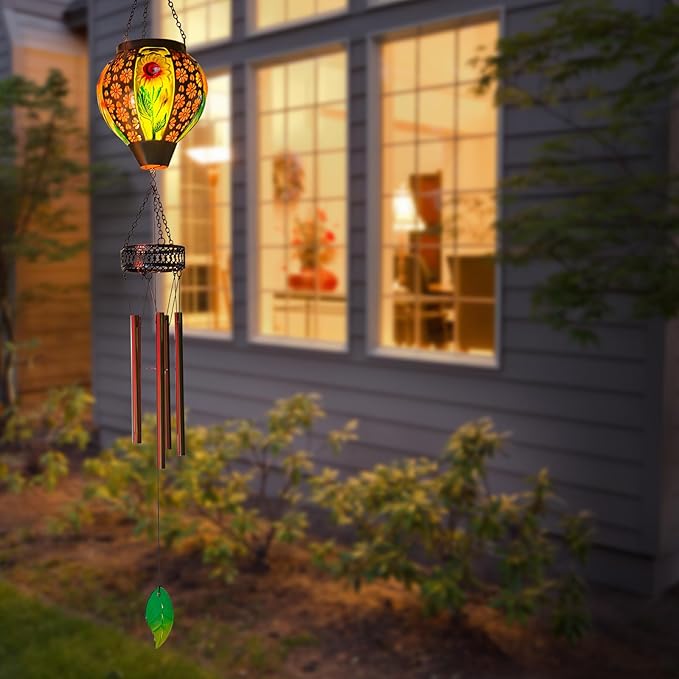 Solar Wind Chimes for Outside,Sunflower Hanging Wind Chime,LED Solar Lanterns Windchimes,Memorial Wind Chimes for Mom Women,Outdoor Wind Chime Deep Tone,Sunflower Windchime for Garden Yard