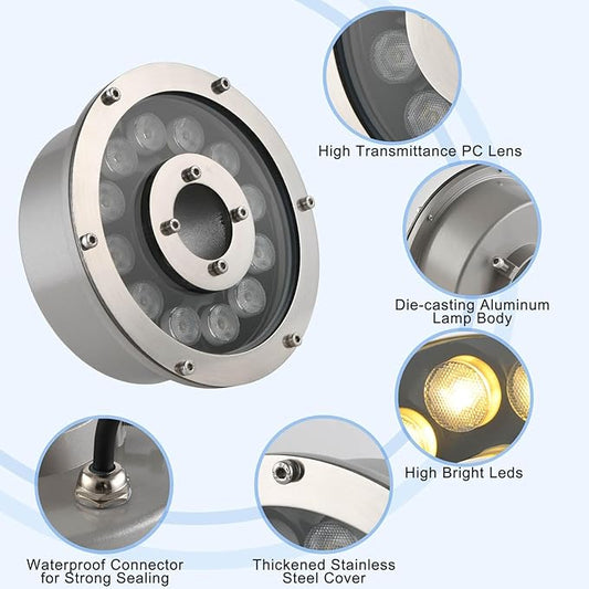 Fountain Light 12W 12V DC Warm White Waterproof Grade IP68 LED Spot Light Landscape Lighting Suitable for Fountains, Waterfalls,Pond and Grass Land（Not Include 12V Transformer）