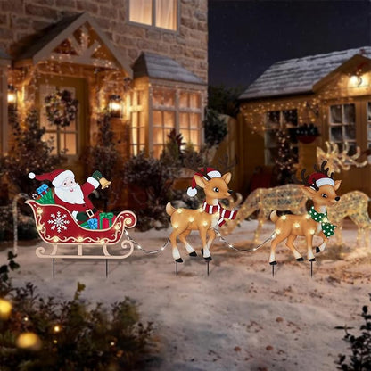 Afirst Christmas Yard Stakes Lighted Up Metal Christmas Outdoor Decorations with Lights Santa Claus On Sleigh Reindeers Lighted Metal Yard Stakes Xmas Garden Stake Lawn Pathway Outdoor Decoration