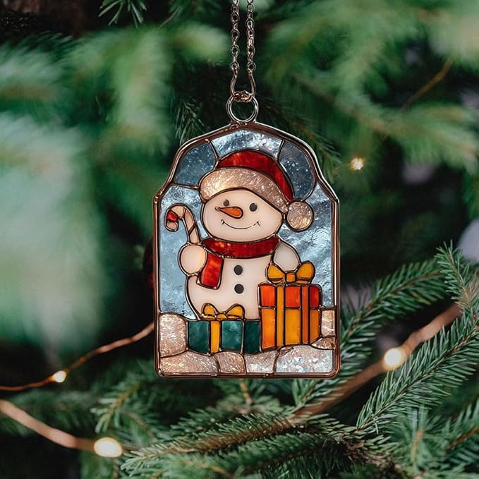 Cute Snowman Giving Presents Acrylic Suncatcher Stained Glass Effect Window Car Hanging Christmas Ornament Indoor Outdoor Decor Garden Sun Catcher Panel for Women Mom Grandma