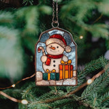 Cute Snowman Giving Presents Acrylic Suncatcher Stained Glass Effect Window Car Hanging Christmas Ornament Indoor Outdoor Decor Garden Sun Catcher Panel for Women Mom Grandma
