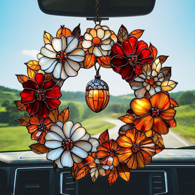 Autumn Floral Wreath Acrylic Suncatcher Stained Glass Effect Window Car Hanging Christmas Ornament Indoor Outdoor Decor Garden Sun Catcher Panel for Acrylic Suncatcher Lover for Women Mom Grandma