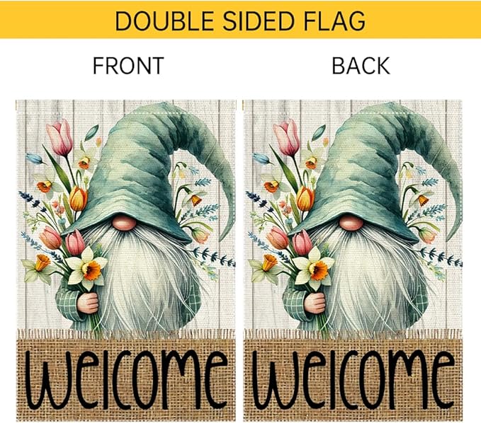 Welcome Spring Garden Flag 28x40 inch Burlap Double Sided Gnome Colorful Floral Small Summer Garden Flags Decorations For Outside Yard Home Outdoor Patio Lawn Decor (RMQ-186, 28"X40")