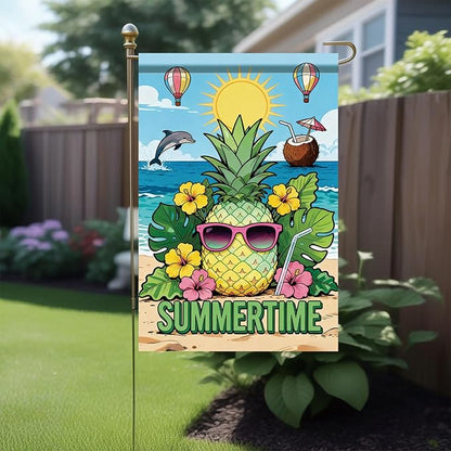 Summertime Pineapple Garden Flag Tropical Beach Sunglasses Outdoor Yard Porch Lawn Garden Decor for Summer Coastal Ocean Patio Pool Party Seasonal Home Display
