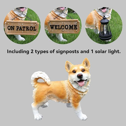 Dog Garden Statue with Solar Lantern & Welcome Sign, Lifelike Shiba Inu Outdoor Yard Art Sculpture, Resin Puppy Figurine Decor for Patio, Porch, Lawn, Gifts for Dog Lovers (9.8 Inch)