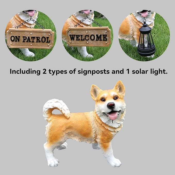Outdoor Husky Dog Statue with Interchangeable Welcome sign and Detachable Solar Lantern –LED Light Garden Dog Sculpture Décor Garden Statue Outdoor dog statue Cute Puppy Design for Yard Porch Gift