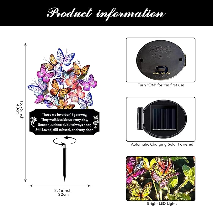 Solar Butterfly Memorial Stake for Graves - Metal Cemetery Garden Decor with LED Lights - Sympathy Remembrance Plaque to Honor Mother Father - Weatherproof Outdoor Bereavement Tribute(with Flowers)