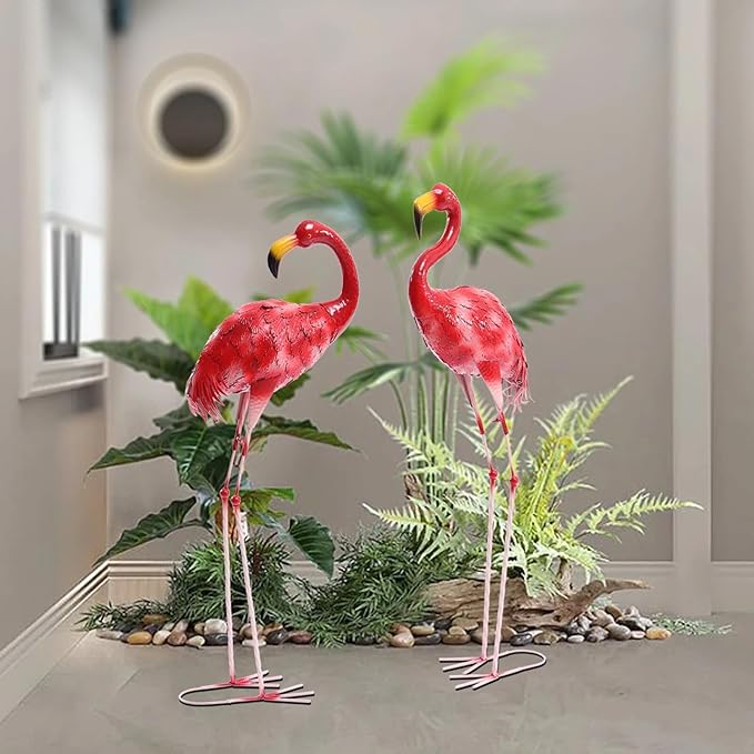 Flamingo Ornament,Flamingo Garden Statues and Sculptures,Metal Birds Yard Art Outdoor Statue, Red Pink Flamingo Lawn Ornaments for Home, Patio, Backyard Decor (2)