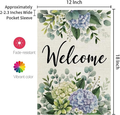CROWNED BEAUTY Spring Garden Flag Hydrangea Eucalyptus 12x18 Inch Double Sided Small Seasonal Holiday Floral Decoration for Outdoor Lawn Yard
