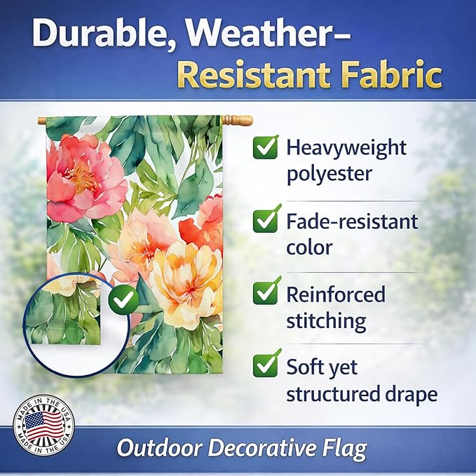 Caroline's Treasures Indiana Peonies in Watercolor House Flag Large Porch Sleeve Pole Decorative Outside Yard Banner Artwork Wall Hanging, Polyester, House Size, Multicolor