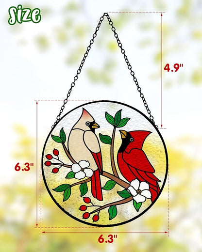 Tuitessine Cardinal Stained Glass Suncatcher - Red Bird Sun Catcher - Hand-Painted Glass Panel - Decor for Window - Christmas & Birthday Gift for Grandma & Birds Lover - 6.3x6.3
