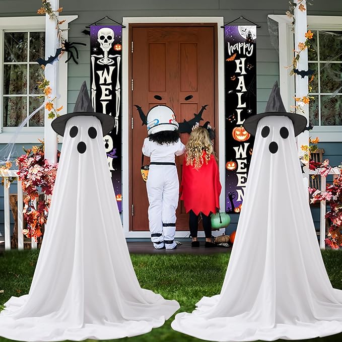 [Timer] 2Packs Halloween Decorations Outdoor, Cute Halloween Decorations Indoor, Spooky Ghost Halloween Decor with Witch Hat, Scary Ghosts Decor with LED Lights for Front Porche Yard Garden Home