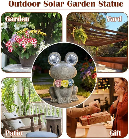 Outdoor Solar Garden Statue, Dynamic LED Light with Flower Sculpture, Art Decor for Patio Porch Lawn Backyard, Housewarming Gifts for Women (Stone Frog)