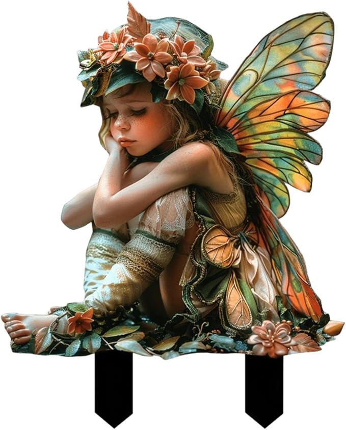 Flower Fairy Garden Stake Decor, 2D Flat Acrylic Elf Garden Sign with Stake, Fairy with Magic Sign for Indoor Outdoor Yard Lawn Balcony Pot Plants (Colorful Green Fairy)