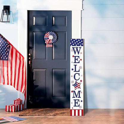 Patriotic 4th of July Welcome Sign for Front Porch, 250th Anniversary Memorial Day Wooden Porch Sign For Outdoor Patio, USA American Flag Standing Yard Sign Summer Door Signs for Garden Wall