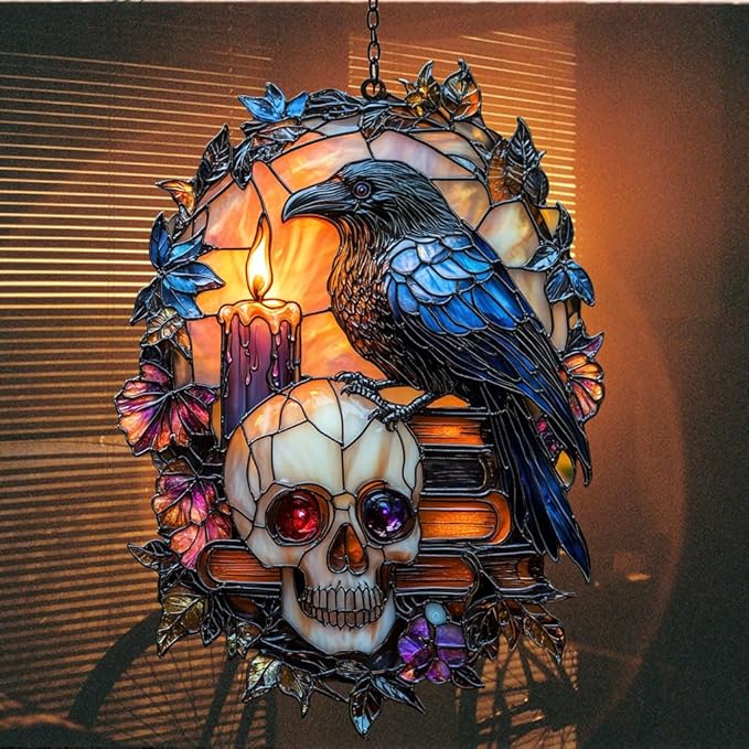 Gothic Raven and Skull Acrylic Suncatcher Stained Glass Effect Window Car Hanging Christmas Ornament Indoor Outdoor Decor Garden Sun Catcher Panel for Gothic Lover for Women Mom Grandma