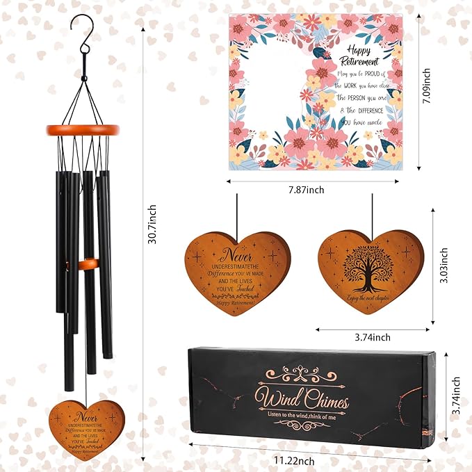Retirement Gifts Wind Chimes for Women Men - Engraved Wooden Heart with Gift Box & Card, Happy Retirement Outdoor Garden Patio Hanging Decor, Farewell Gift for Coworker Teacher Bossr