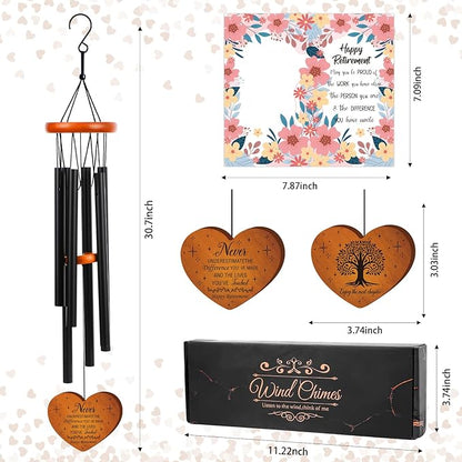 Retirement Gifts Wind Chimes for Women Men - Engraved Wooden Heart with Gift Box & Card, Happy Retirement Outdoor Garden Patio Hanging Decor, Farewell Gift for Coworker Teacher Bossr