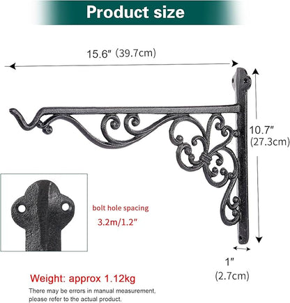 Sungmor Decorative Cast Iron Hanging Bracket - 15.6" Thickened Outdoor Metal Plant Hangers, Vintage Scroll Design for Signs, Planters, Lanterns, Bird Feeders - 2 Pack Heavy Duty Wall Hooks, Black