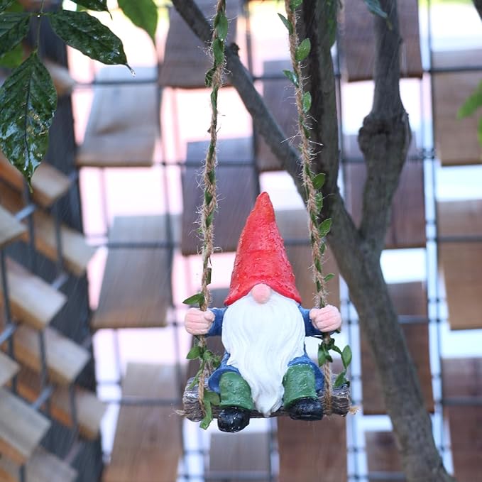 Garden Gnomes Outdoor Statue,Garden Gnome on Swing, Gnomes Decorations for Lawn Yard, Indoor and Outdoor Gnome Ornament for Christmas Tree Decor Halloween New Year. (Swing Gnome)