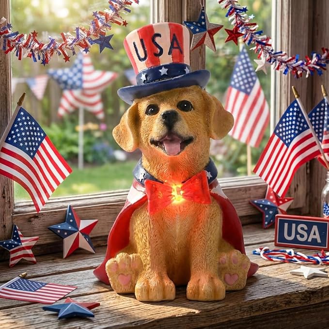 TERESA'S COLLECTIONS 4th of July Puppy Decorations with Solar Light, Memorial Day Resin Garden Dog Figurine for Home, Patriotic Independence Day USA 250th Anniversary Outdoor Yard Porch Gift Decor 8"