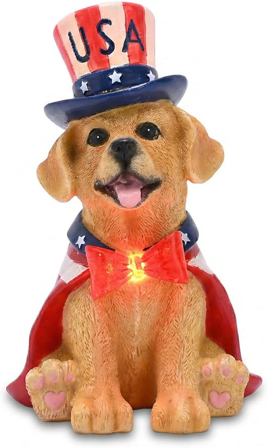 TERESA'S COLLECTIONS 4th of July Puppy Decorations with Solar Light, Memorial Day Resin Garden Dog Figurine for Home, Patriotic Independence Day USA 250th Anniversary Outdoor Yard Porch Gift Decor 8"