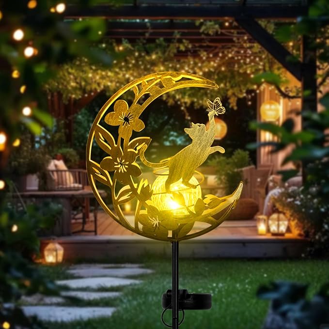 Moon Cat Waterproof Outdoor Cat Lover Solar Light for Garden, Yard, Patio Decor, Auto On/Off, Long-Lasting Battery, Unique Gift for Women Mom, Grandma, Christmas