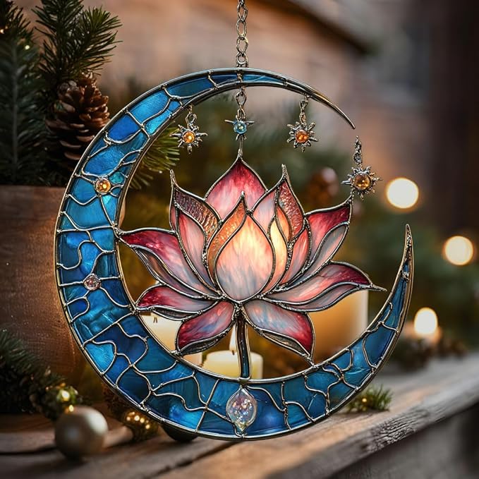 Vivid Lotus Moon with Tiffany Stars Acrylic Suncatcher Stained Glass Effect Window Car Hanging Christmas Ornament Indoor Outdoor Decor Garden Sun Catcher Panel for Lotus Lover for Women Mom Grandma