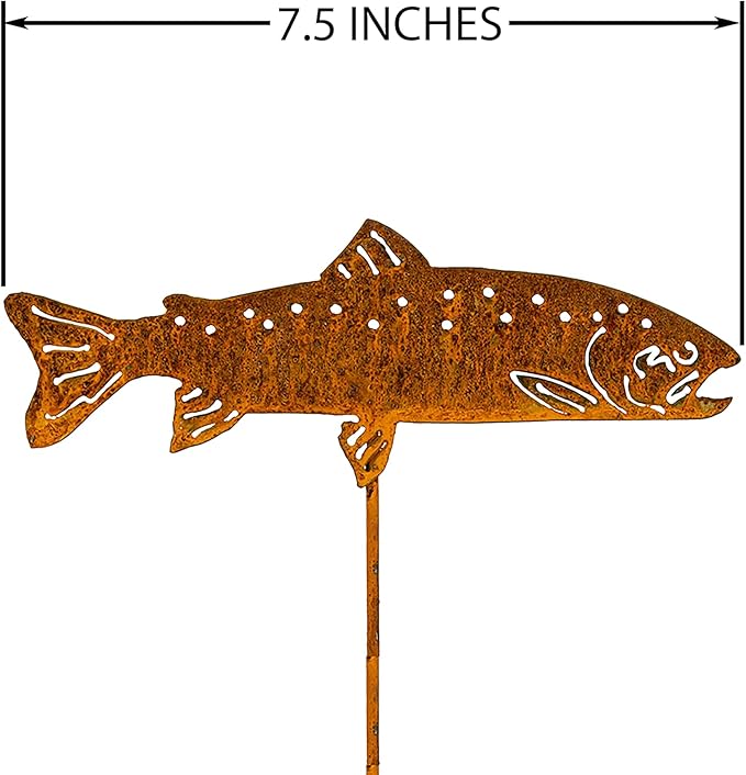 Swimming Trout Garden Stake Set of 3, Made in USA, Rusty Steel, Real Rust Finish (Small)