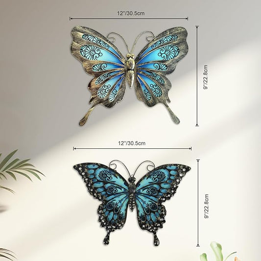LIFFY Metal Butterfly Wall Decor,2Pack 12" Hanging Glass Butterfly Outdoor Decor,Garden Decorative Ornaments Outside for Home,Yard,Fence,Patio