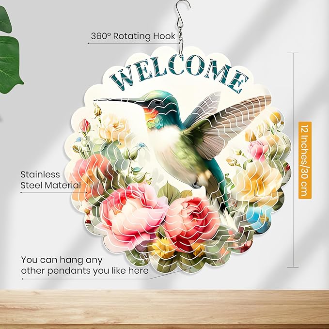 MXJSUA Hummingbird Wind Spinners for Indoor Outdoor Garden Decoration, 12 Inch Flowers Stainless Steel Hanging Wind Spinners Ornaments Crafts for Gifts