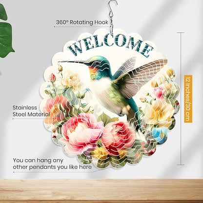 MXJSUA Hummingbird Wind Spinners for Indoor Outdoor Garden Decoration, 12 Inch Flowers Stainless Steel Hanging Wind Spinners Ornaments Crafts for Gifts