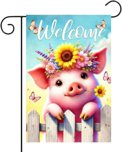 BlissYard Spring Welcome Garden Flag 12x18 Inches Double Sided Cute Pig Yard Flags Sunflower Crown Fence for Outside Decor Home Farmhouse Holiday Summer Decorations