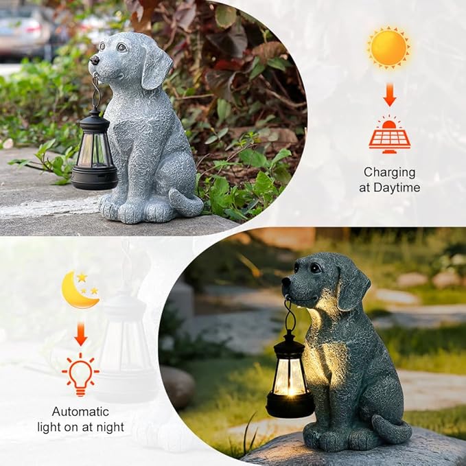 Solar Dog Garden Statues with Solar Lantern，Dog Figurines for Yard Patio Lawn Balcony Ornaments - Birthday Housewarming Garden Gifts for Mothers Day, Grandma
