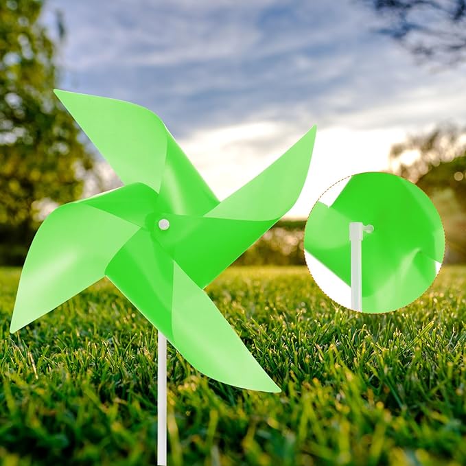 HARFINGTON 50pcs Windmills for The Yard Garden 17" x 11" 4 Leaves Pinwheels Wind Mills Spinners Windproof Waterproof Bird Devices with Stakes for Patio Decor, Green