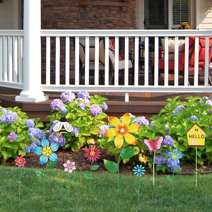 hogardeck Garden Decor for Outside, Set of 10 Metal Flowers Decorative Garden Stakes for Spring Decor, Gardening Gifts for Women Mom Grandma Wife, Yard Art Outdoor Lawn Porch Pathway Decorations