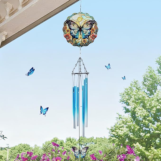 Butterfly Wind Spinner Chimes Outdoor - Hanging Garden Decor with Spinning Butterfly, Metal Wind Chimes for Patio, Yard, Backyard - Birthday Housewarming Gifts for Women/Mom/Grandma