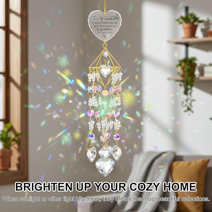 AceOrbit Grandma Thank You Gift, Crystal Suncatchers for Window Hanging Wind Chime Garden Suncatchers Rainbow Indoor Outdoor Decor Dazzling Unique Birthday Gifts for Grandma