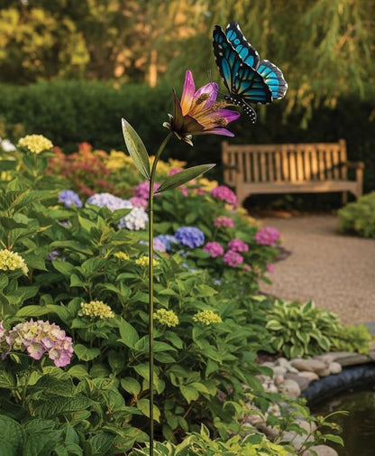 Regal Art & Gift Butterfly Flower Metal Garden Stake - Decorative Handcrafted Outdoor Metal Sculpture for Lawn, Patio & Garden Décor - Blue