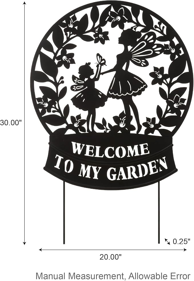 Glitzhome Flower Fairy Decorative Garden Stakes, 30" H Black Metal Silhouette with Welcome to My Garden Banner, Iron Garden Yard Art Decor for Lawn or Wall Decor