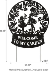 Glitzhome Flower Fairy Decorative Garden Stakes, 30" H Black Metal Silhouette with Welcome to My Garden Banner, Iron Garden Yard Art Decor for Lawn or Wall Decor