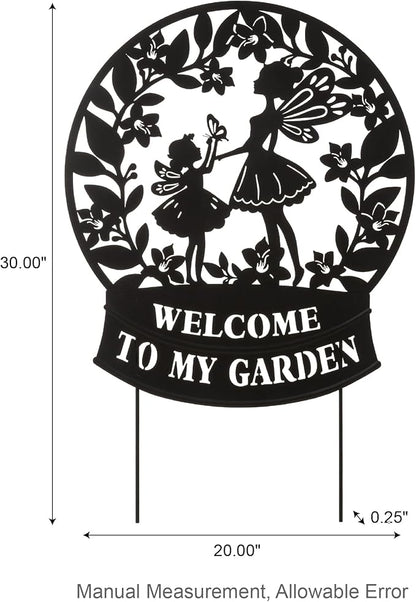 Glitzhome Flower Fairy Decorative Garden Stakes, 30" H Black Metal Silhouette with Welcome to My Garden Banner, Iron Garden Yard Art Decor for Lawn or Wall Decor