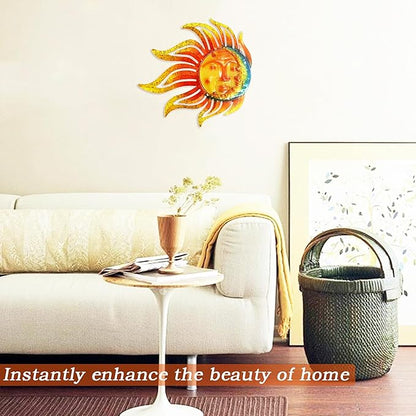 Metal Sun Moon Wall Art Decor, 12 Inch Retro Hanging Decor With Glass, Flame Sun Valentine Wall Decorations For Patio Yard Garden Fence Living Room Bedroom