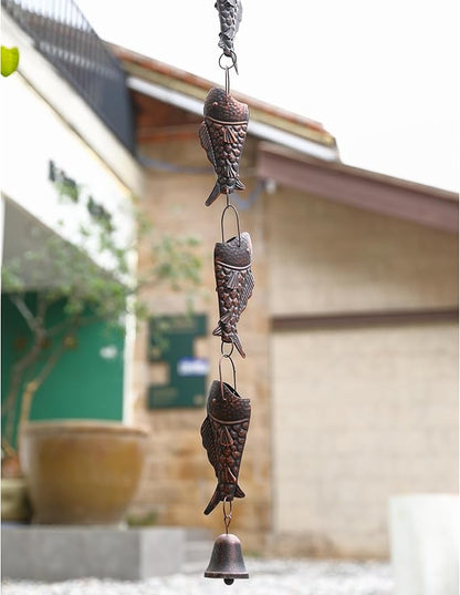Antique Bronze Rain Chain with Rainbow Trout for Heavy Rain, Functional and Decorative Replacement Downspout Chain for Outside, Rain Catcher Chain for Gutters, 8.5FT