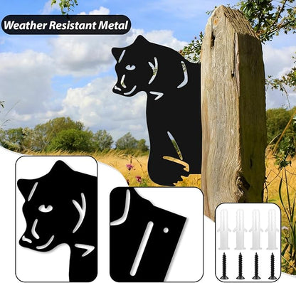 Black Bear Decor Metal Yard Art Tree Decorations 11.65" x 9.06"Outdoor Metal Wall Decor for Fence Farm Yard Peeping Animals Decorations