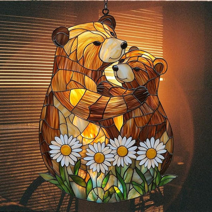 Cute Lovely Mother Bear Acrylic Suncatcher Stained Glass Effect Window Car Hanging Christmas Ornament Indoor Outdoor Decor Garden Sun Catcher Panel for Bear Lover for Women Mom Grandma