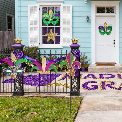 hogardeck Mardi Gras Outdoor Decorations, Set of 3 Metal 36" Decorative Garden Stakes with Mask Fleur-de-lis Jester's Hat for Mardi Gras Decor, Glitter Yard Sign for Outside Lawn Porch Backyard Party