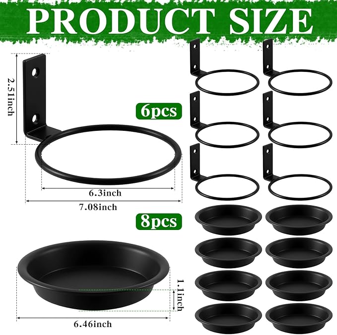 6 Pack 6'' Wall Mount Plant Holder with 8 Replaceable Trays, Heavy Duty Metal Flower Pot Holder Ring, Plant Hanger for Wall Indoor, Ring Planter Bracket for Outside Outdoor Bird Feeder Bath